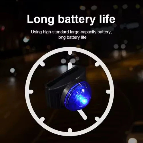 Bicycle light with text about long battery life on a dark background
