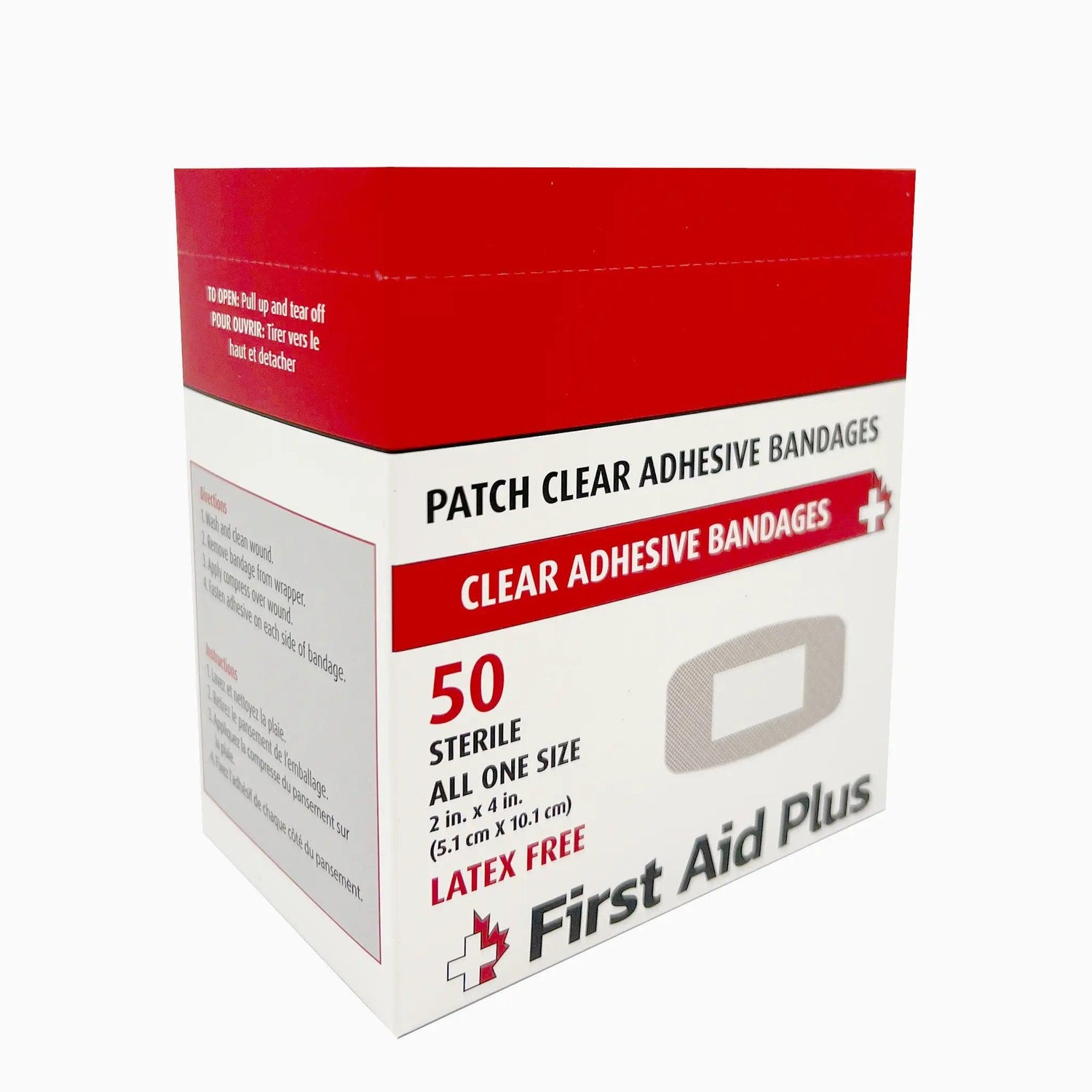 A pack containing 50 clear patch adhesive bandages for first aid, showcasing different styles for treating minor cuts and scrapes.
