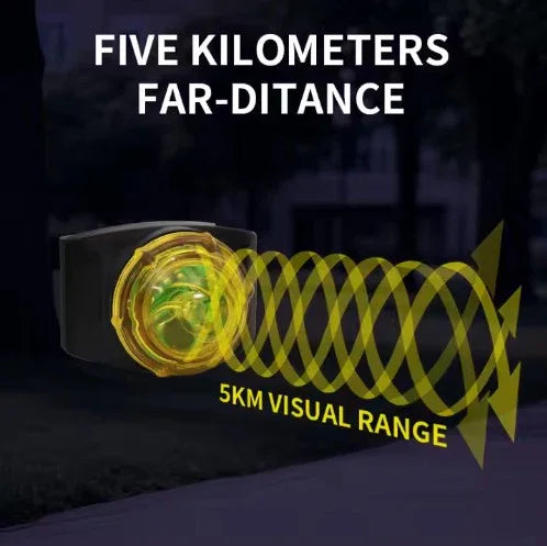 Yellow and black device with '5KM Visual Range' text on a dark background
