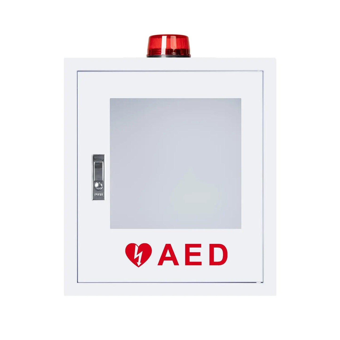 White background featuring an AED cabinet illuminated by a red light, signaling its availability for emergencies.