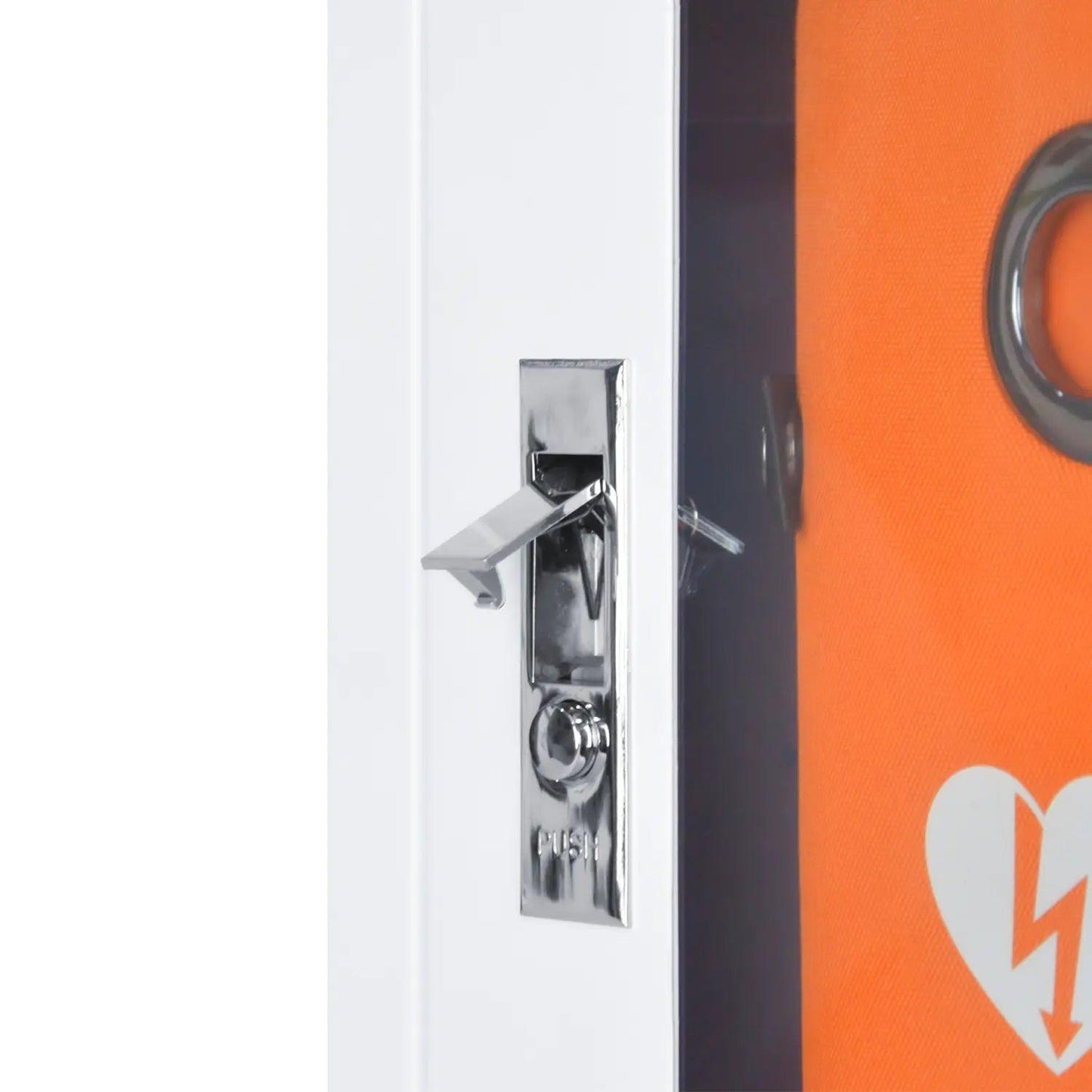 White background featuring an AED cabinet image zoomed in to show lock.