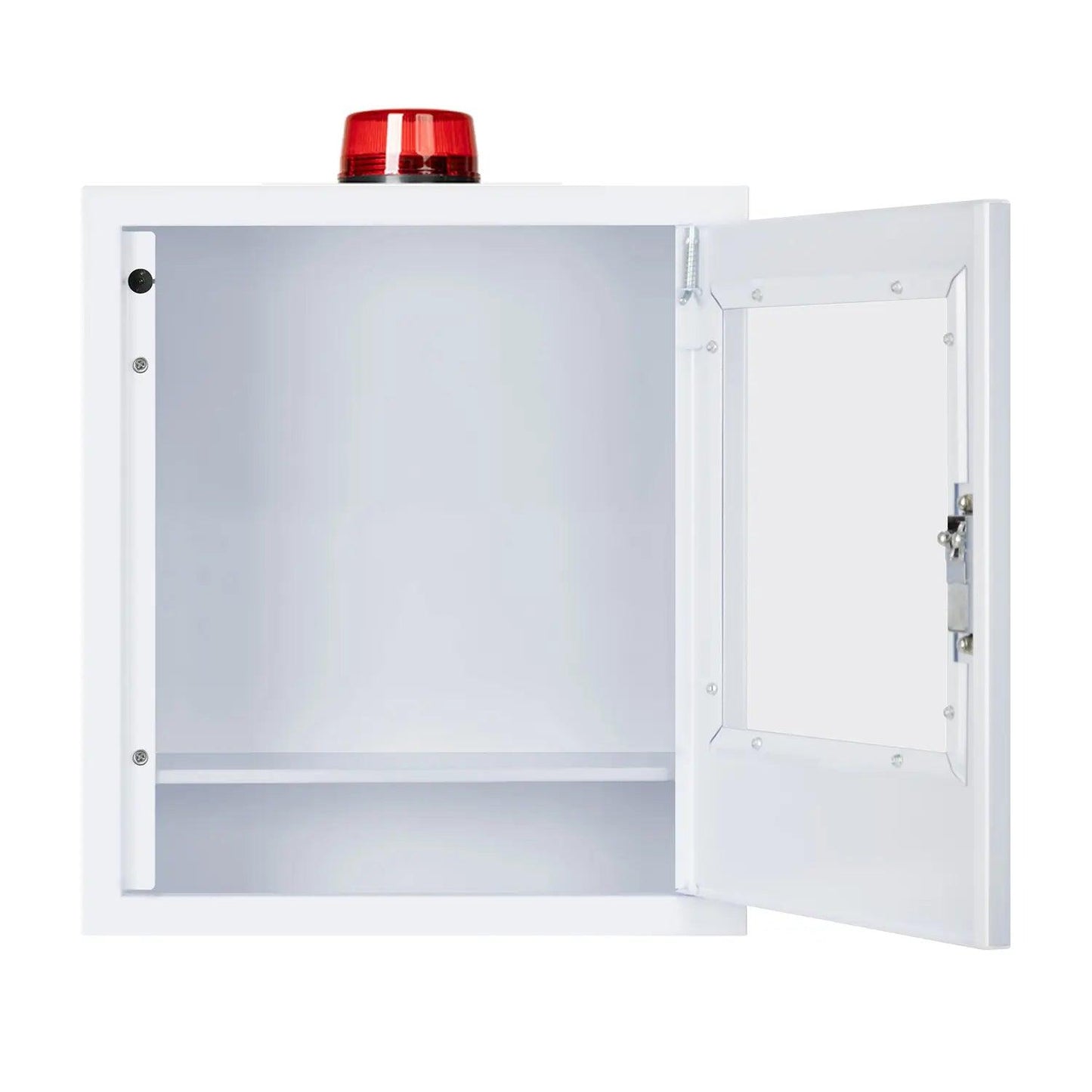 White background featuring an AED cabinet illuminated by a red light with door open, signaling its availability for emergencies.