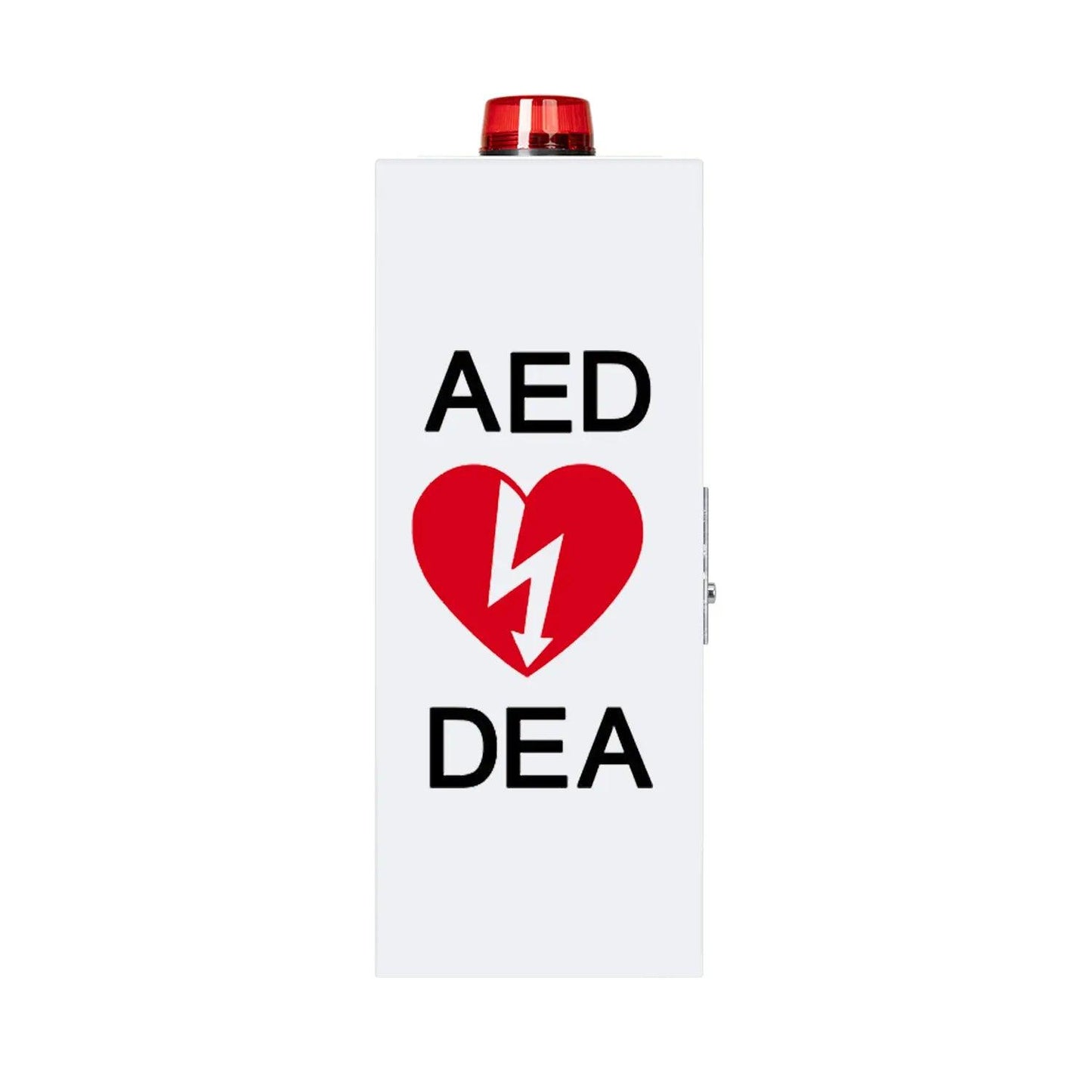 White background featuring an AED cabinet illuminated by a red light with side view, signaling its availability for emergencies.