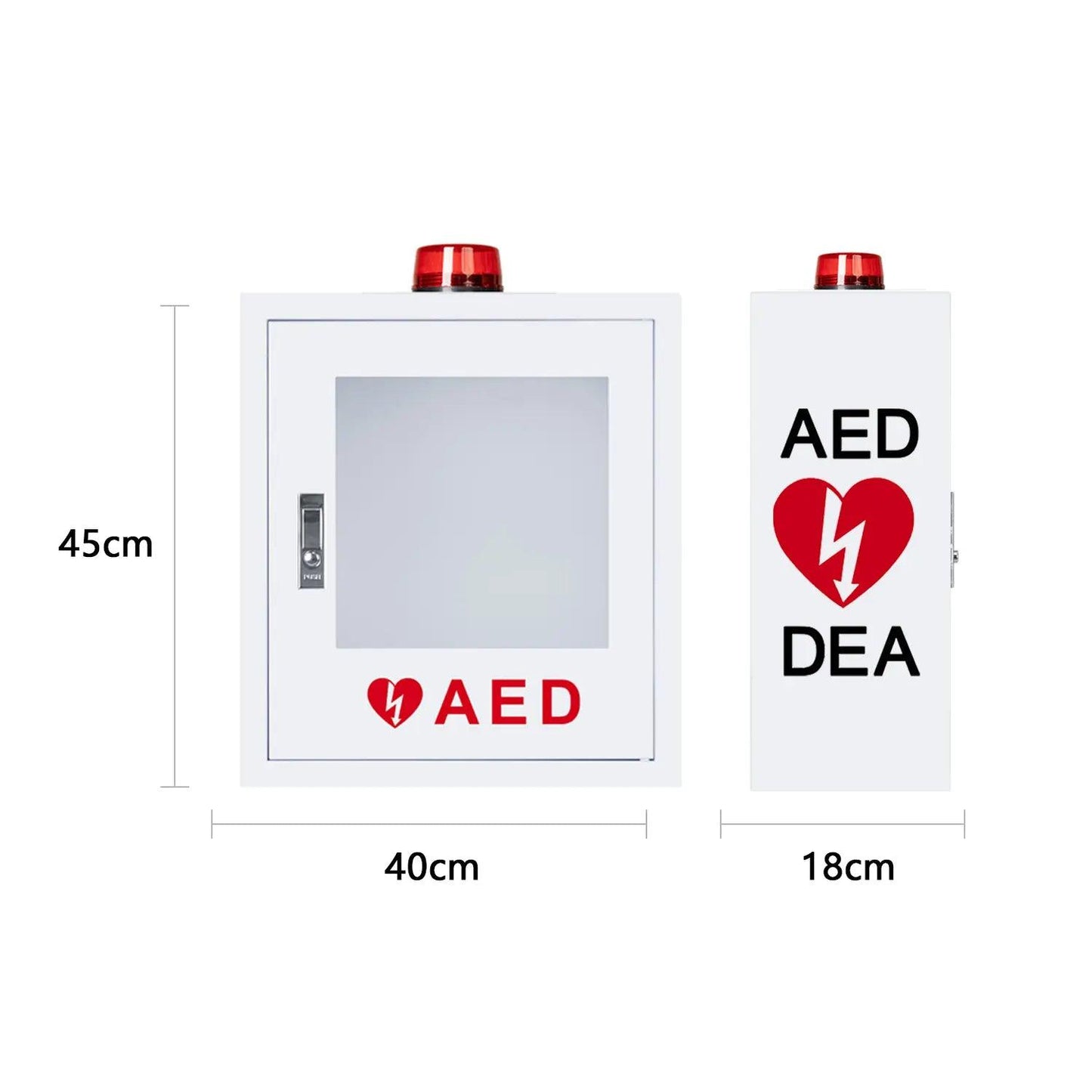 White background featuring an AED cabinet illuminated by a red light, signaling its availability for emergencies.