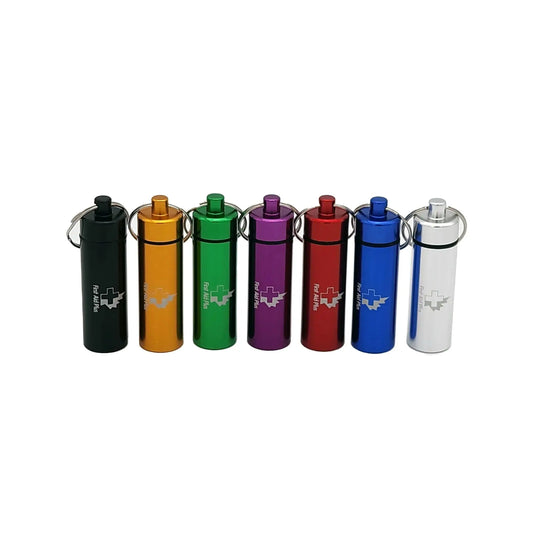Set of seven colorful Aspirin & Medication Keychain on a white background