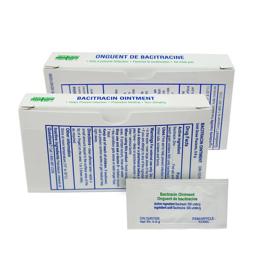 Bacitracin Zinc First Aid Antibiotic Ointment box of 12 single-use 0.9 g pouches for minor wound care.