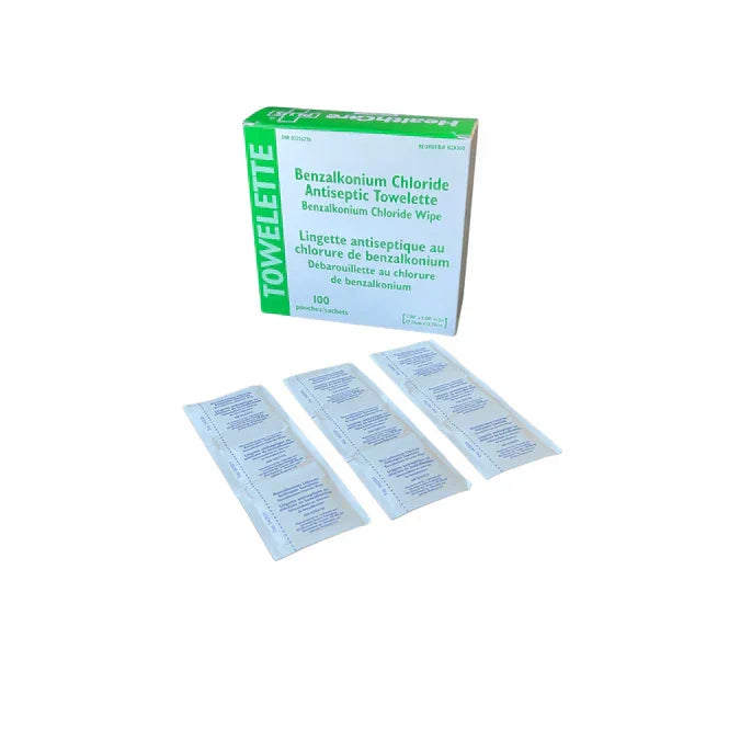 White background with a box and some Benzalkonium Chloride Antiseptic Towelettes