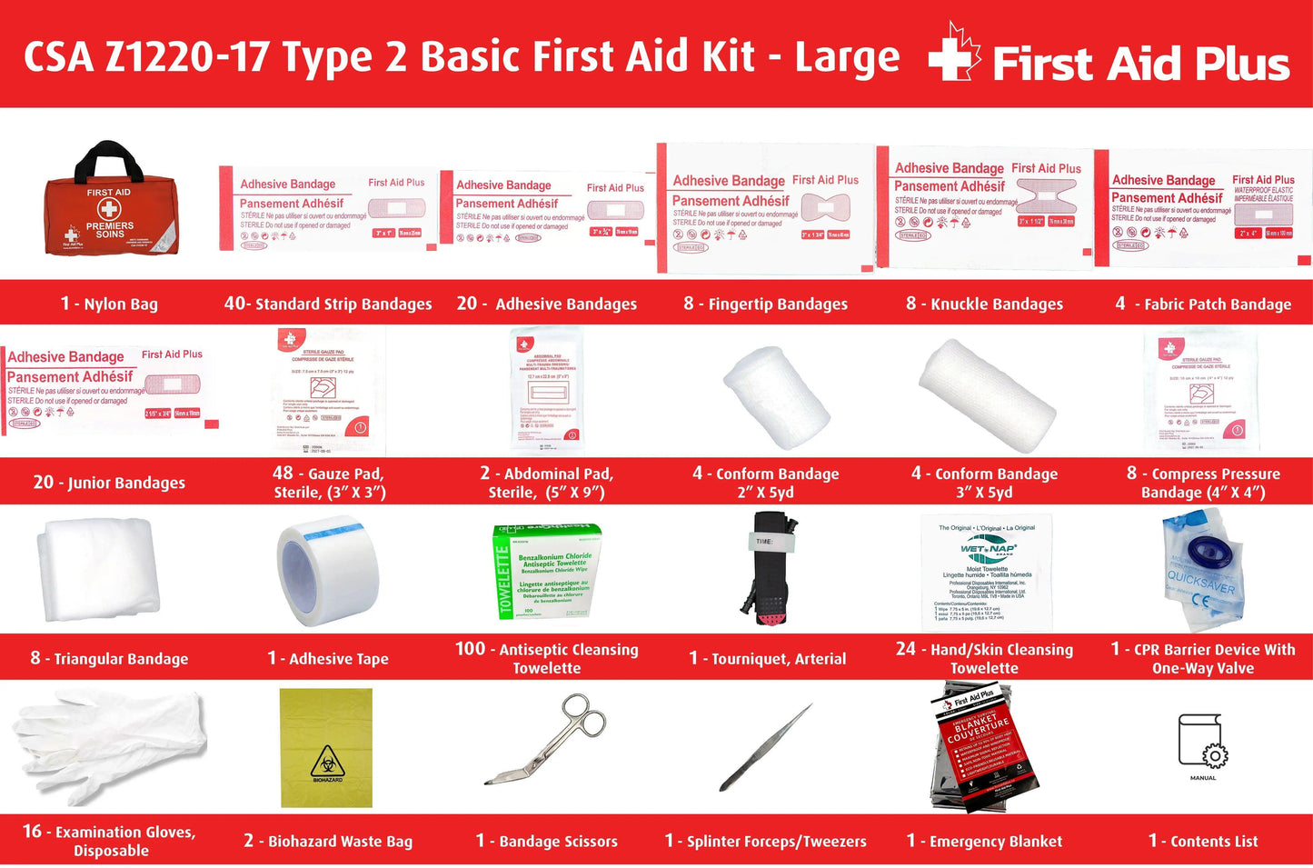Close up of CSA Z1220-17 Type 2 Basic First Aid Kit - Large Nylon Bag