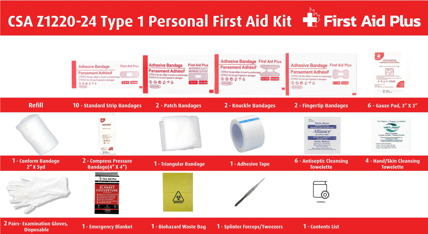 CSA Z1220-24 Type 1 personal first aid kit refill contents displayed, including bandages, gauze pads, compress bandage, triangular bandage, adhesive tape, cleansing wipes, gloves, emergency blanket, tweezers, and biohazard waste bag