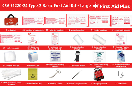 CSA Z1220-24 Type 2 Basic first aid kit large contents displayed with nylon bag, including bandages, gauze pads, abdominal pads, compress bandages, cleansing wipes, tourniquet, CPR barrier, gloves, scissors, tweezers, emergency blanket, and biohazard waste bags