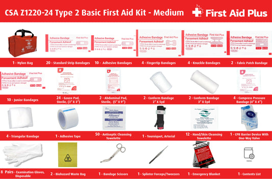 CSA Z1220-24 Type 2 Basic first aid kit medium contents displayed with nylon bag, including bandages, gauze pads, abdominal pads, compress bandages, cleansing wipes, tourniquet, CPR barrier, gloves, scissors, tweezers, emergency blanket, and biohazard waste bag