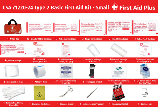 CSA Z1220-24 Type 2 Basic first aid kit small contents displayed with nylon bag, including bandages, gauze pads, abdominal pad, compress bandages, cleansing wipes, tourniquet, CPR barrier, gloves, scissors, tweezers, emergency blanket, and biohazard waste bag