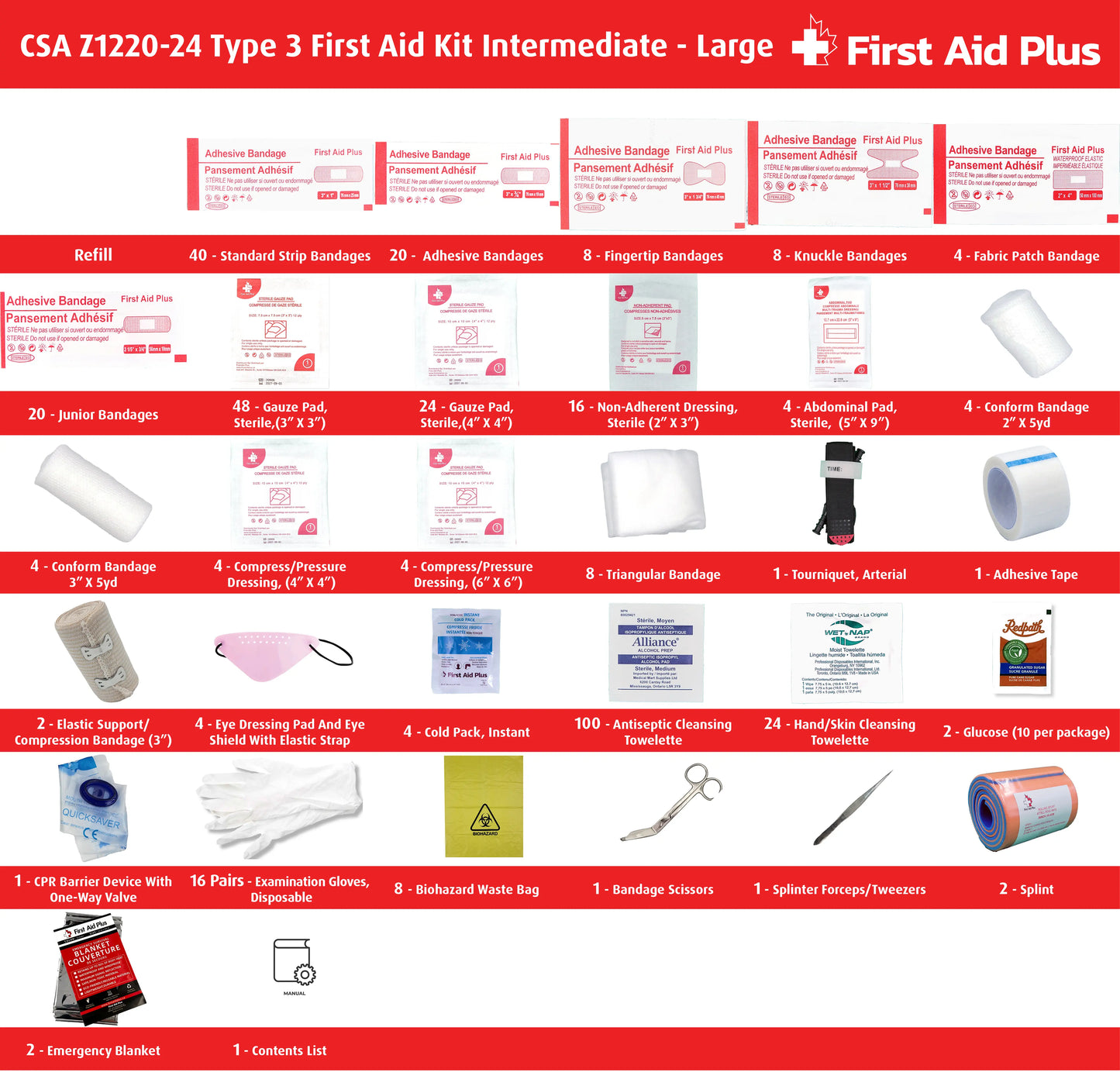 CSA Z1220-24 Type 3 Intermediate first aid kit large refill contents displayed, including bandages, gauze pads, non-adherent dressings, abdominal pads, compress dressings, elastic support bandages, triangular bandages, eye dressing and shield, tourniquet, cold packs, splints, cleansing wipes, glucose, CPR barrier, gloves, scissors, tweezers, emergency blankets, and biohazard waste bags