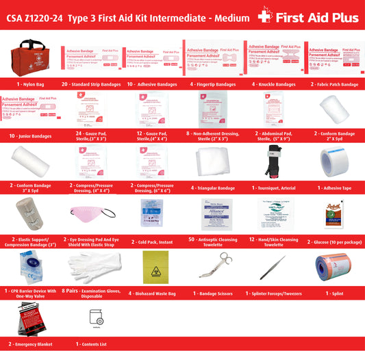 CSA Z1220-24 Type 3 Intermediate first aid kit medium contents displayed with nylon bag, including bandages, gauze pads, non-adherent dressings, abdominal pads, compress dressings, elastic support bandages, triangular bandages, eye dressing and shield, tourniquet, cold packs, splint, cleansing wipes, glucose, CPR barrier, gloves, scissors, tweezers, emergency blankets, and biohazard waste bags