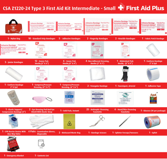 CSA Z1220-24 Type 3 Intermediate first aid kit small contents displayed with nylon bag, including bandages, gauze pads, non-adherent dressings, abdominal pad, compress dressings, elastic support bandage, triangular bandages, eye dressing and shield, tourniquet, cold pack, splint, cleansing wipes, glucose, CPR barrier, gloves, scissors, tweezers, emergency blanket, and biohazard waste bags