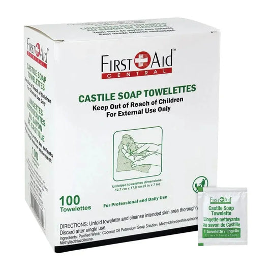 Box of First Aid Central Castile Soap Towelettes with a sample packet on a white background