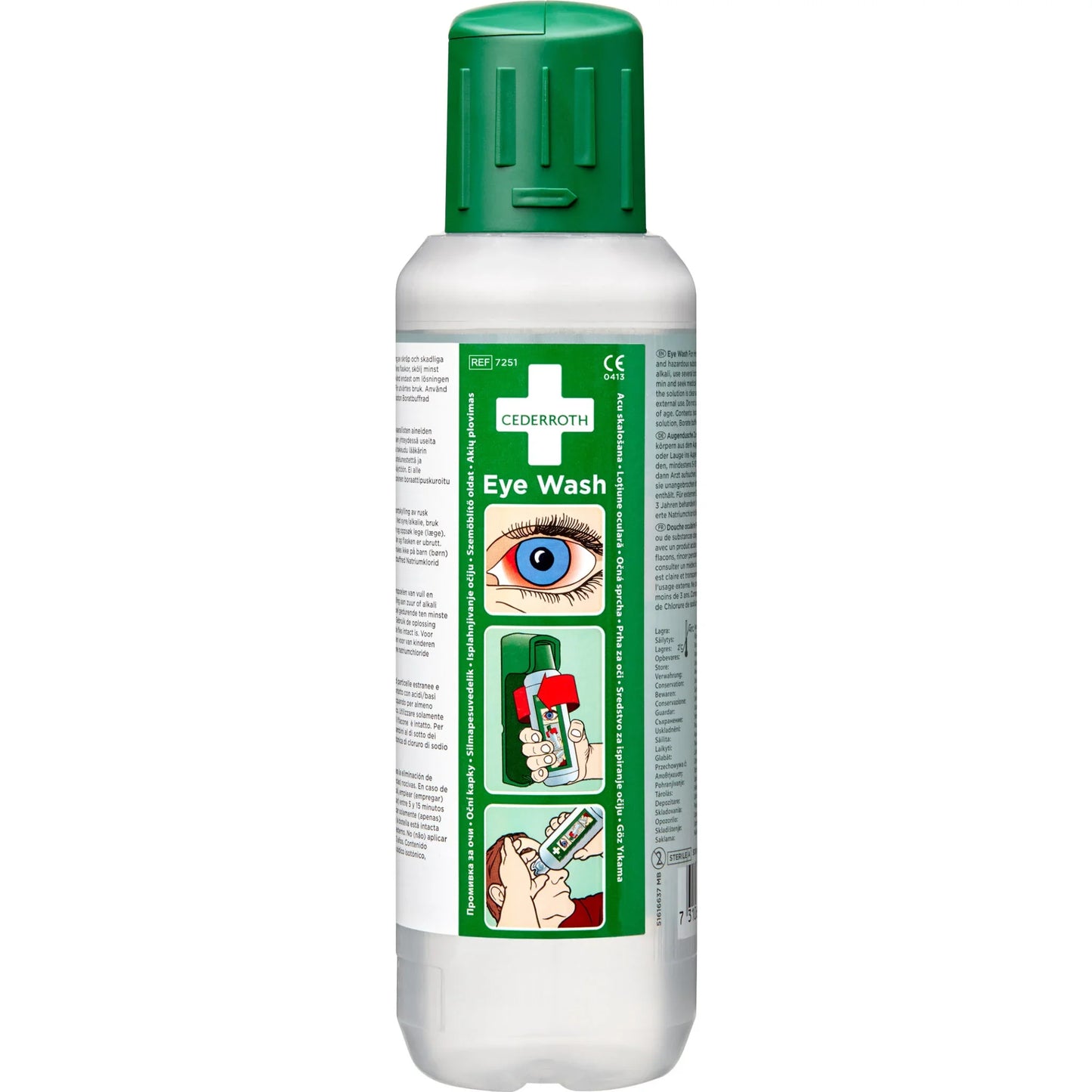 Cederroth eye wash bottle with green cap and label on a white background