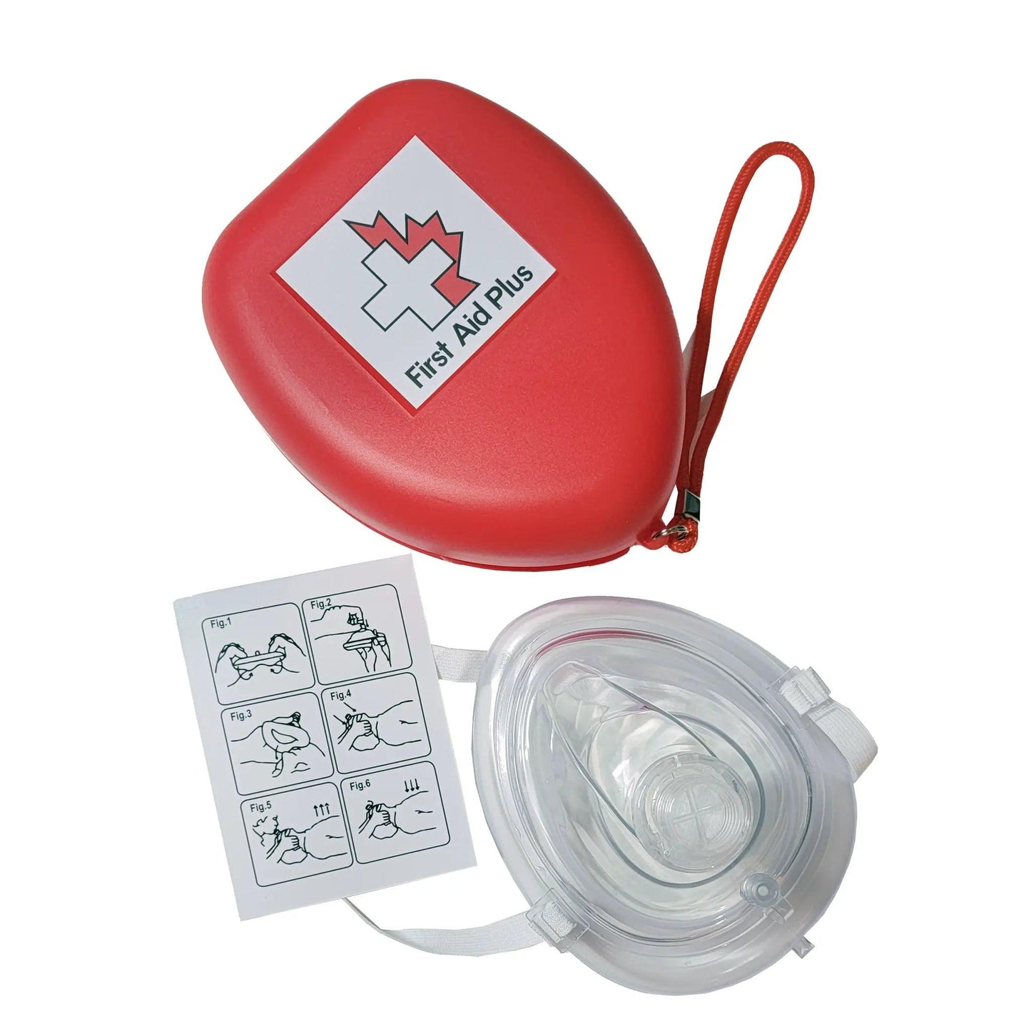 A red case containing a CPR mask and instructions , ready for emergency medical situations.