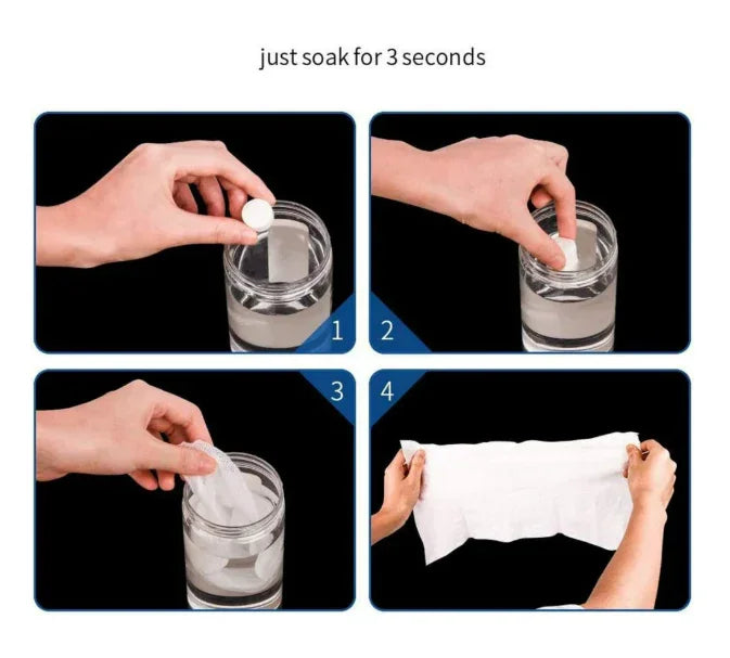 Step-by-step tutorial on how to use a compressed dry towelettes with images of hands performing actions.