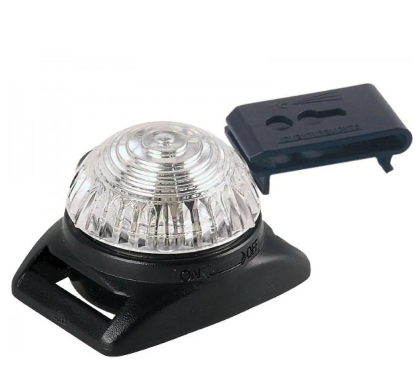 Small clear light bulb with black base on a white background