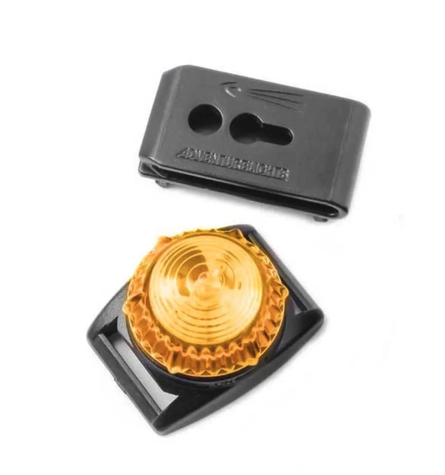 Black and yellow reflector with clip on a white background