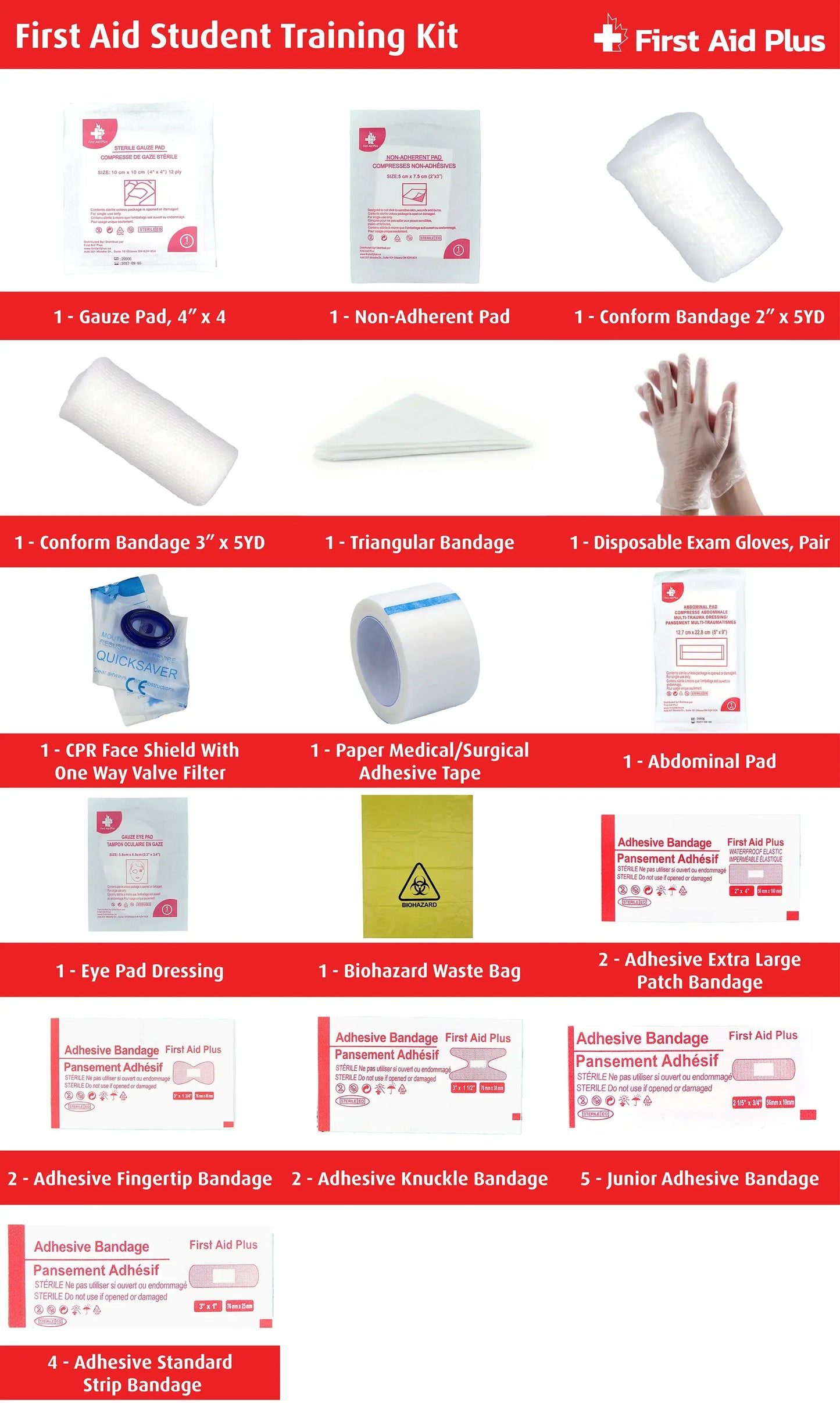 First aid student training kit with various medical supplies on a red background