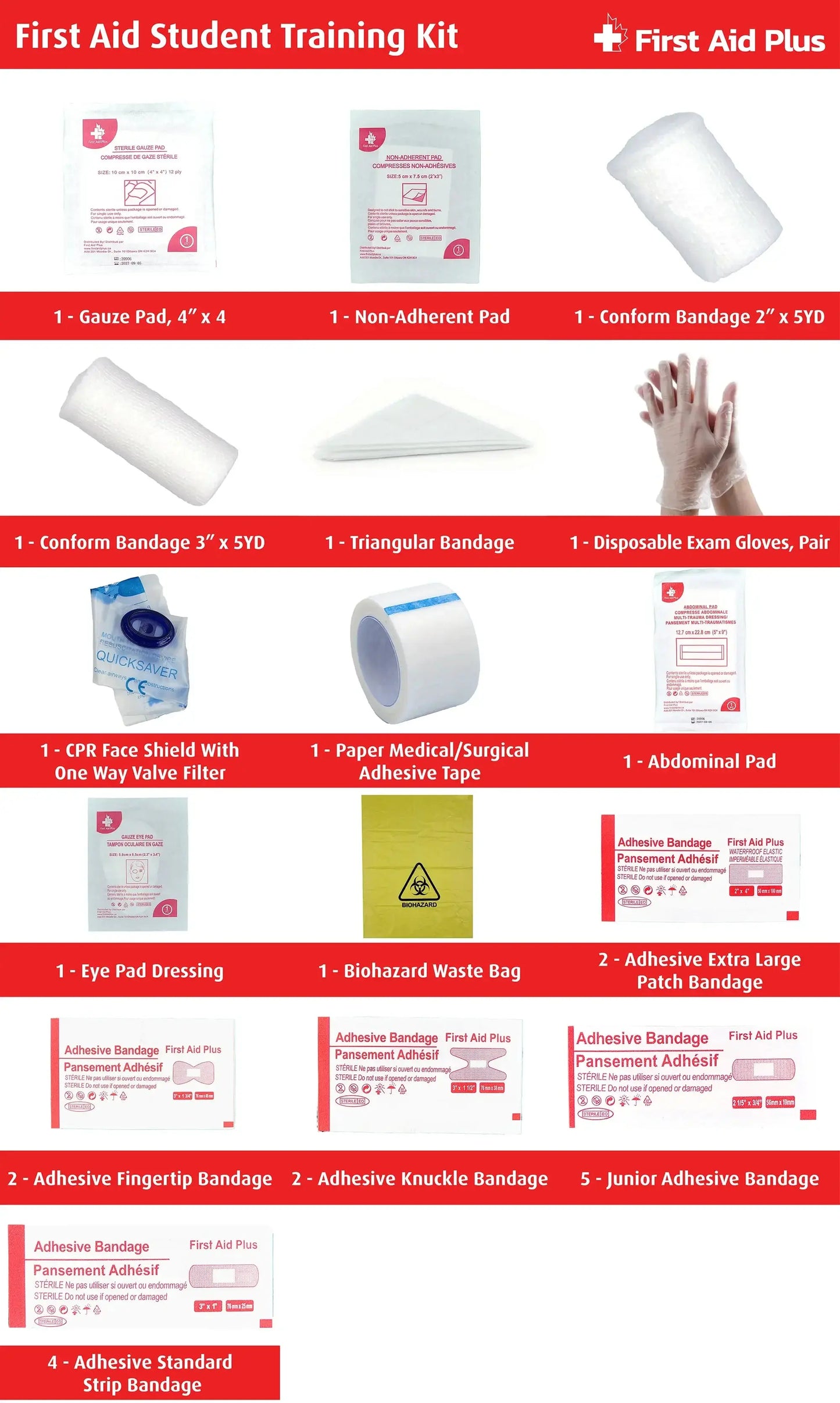 First aid student training kit with various medical supplies on a red background
