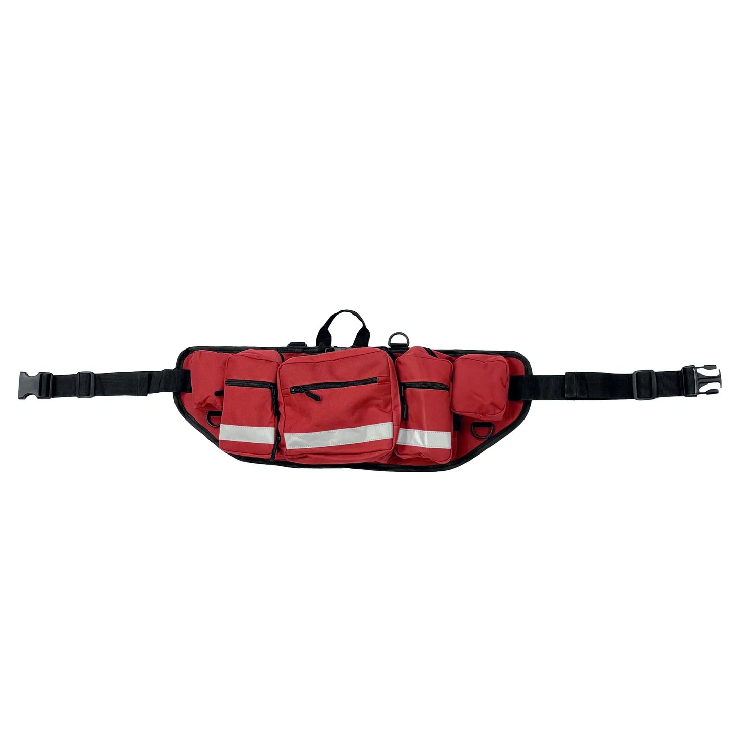 Red waist bag with reflective stripes on a white background