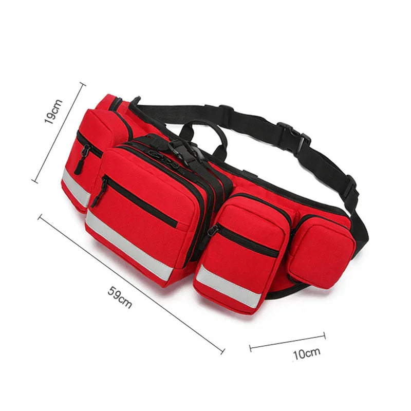 Red waist bag with reflective stripes and measurements on a white background