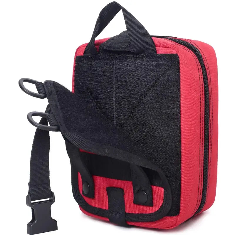Tactical IFAK: a red medical bag with a prominent black cross, designed for quick access to first aid essentials.
