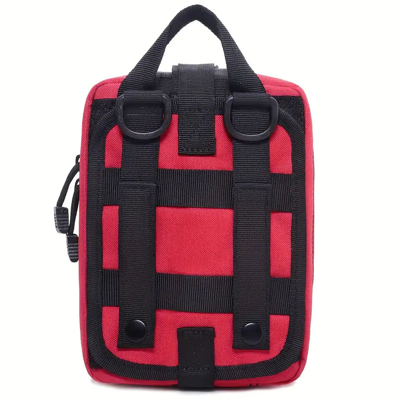 Tactical IFAK: a red medical bag with a prominent black cross, designed for quick access to first aid essentials.