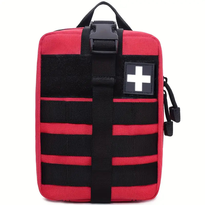Tactical IFAK: a red medical bag with a prominent black cross, designed for quick access to first aid essentials.
