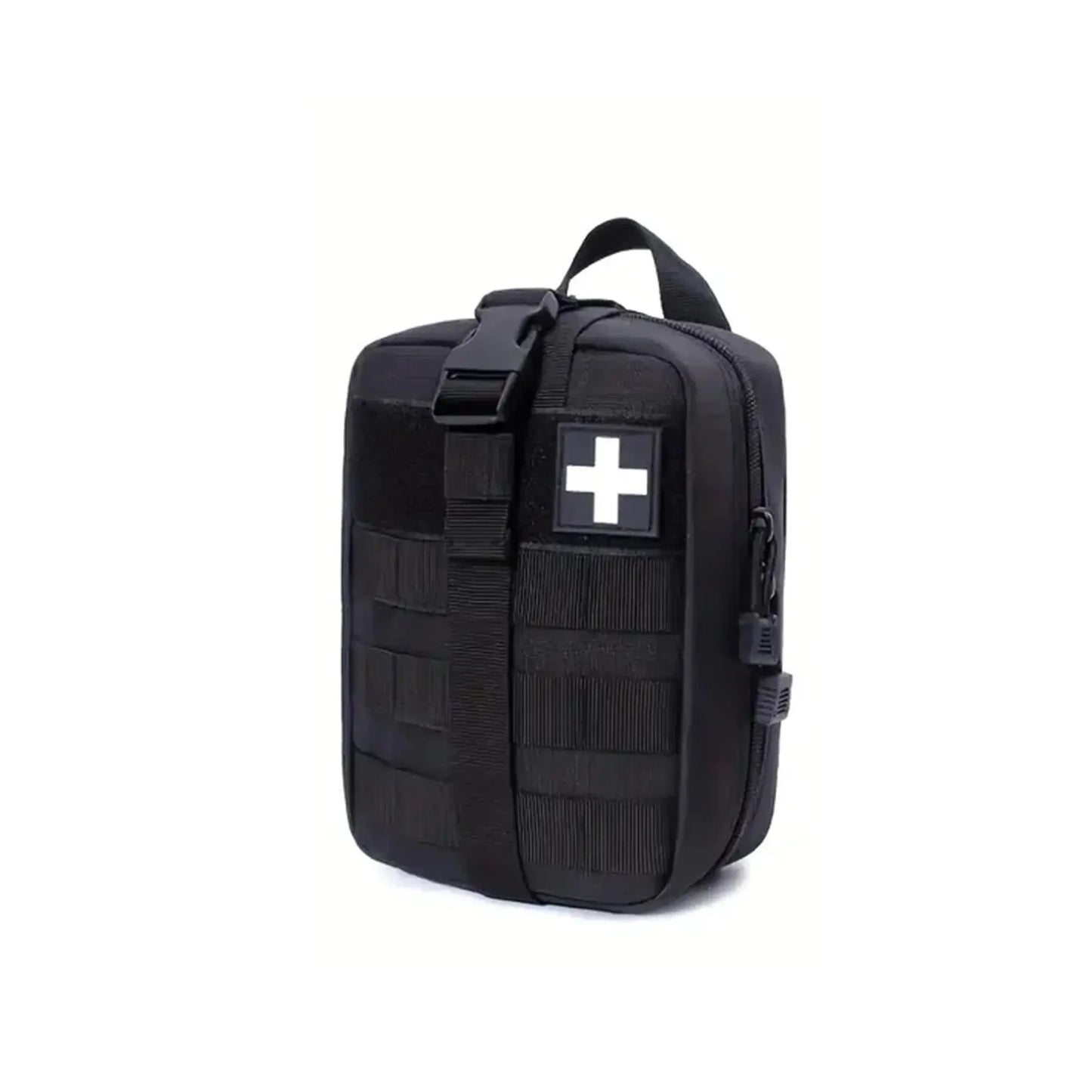 Tactical IFAK: a black medical bag with a prominent black cross, designed for quick access to first aid essentials.