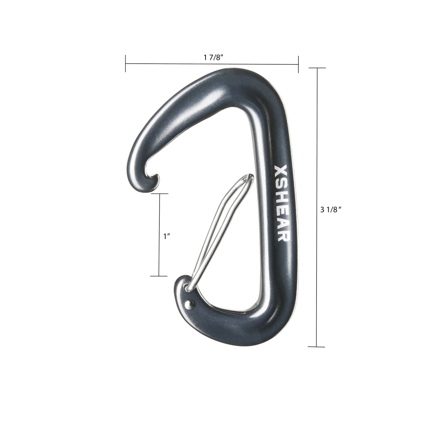 XShear aluminum carabiner showing size and shape with dimensions.
