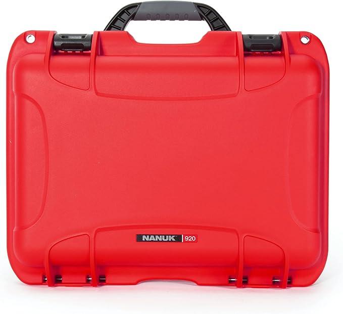 View of the Nanuk 920 case, A red storage case with a handle and lid, perfect for organizing and carrying items.
