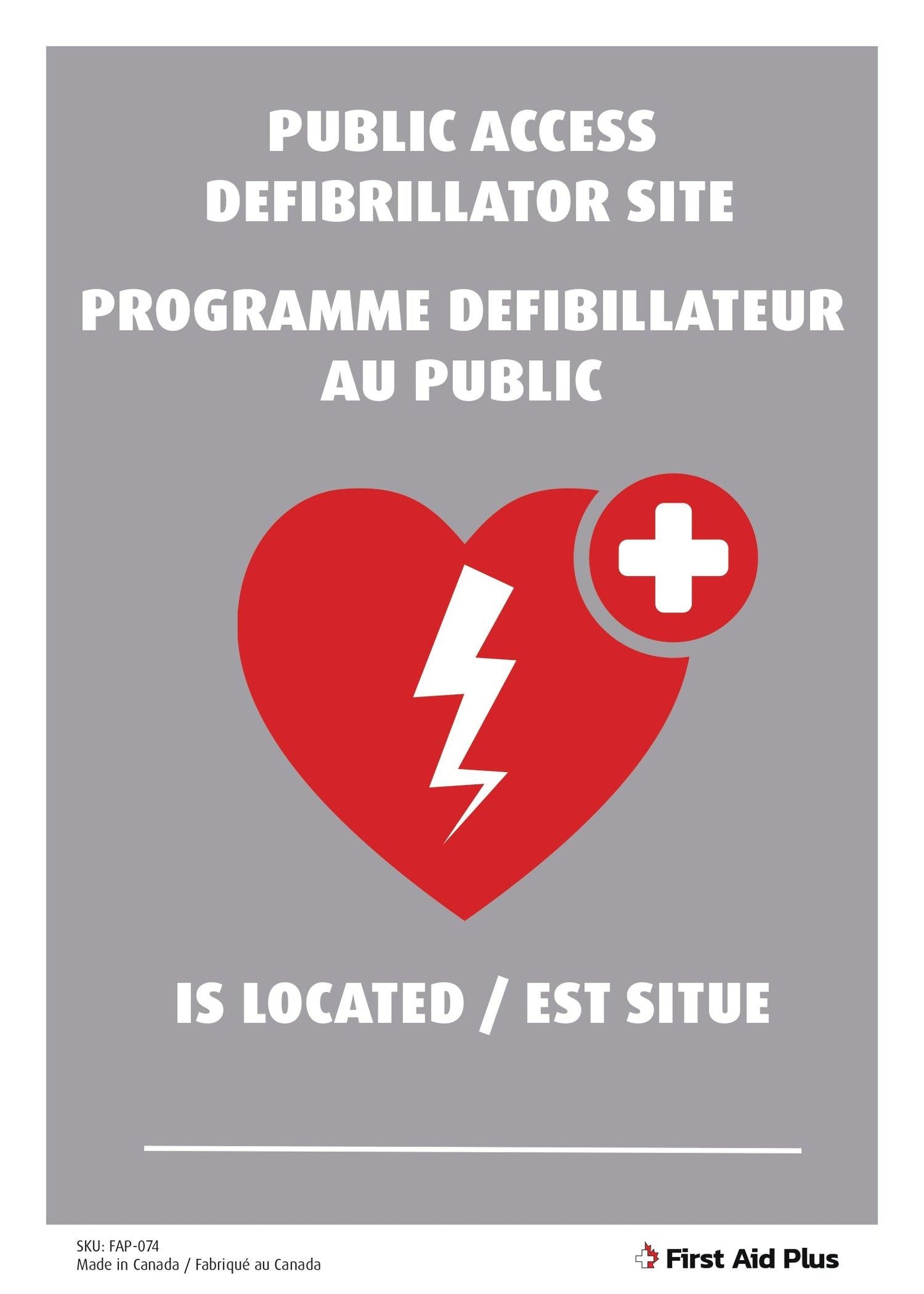 Public Access Defibrillator Site Sign, AED Location Sign, Plastic, Bilingual, 14"x10" - First Aid Plus