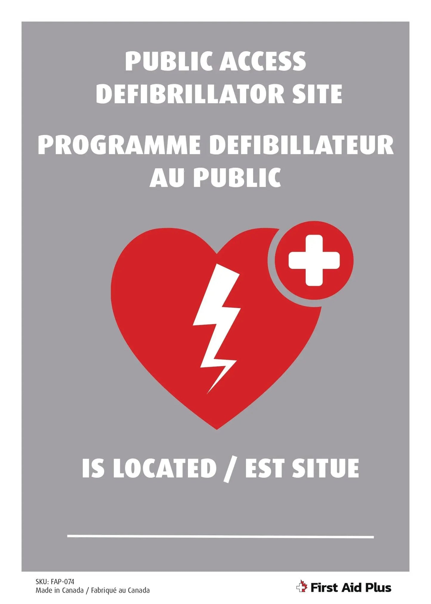 Public Access Defibrillator Site Sign, AED Location Sign, Plastic, Bilingual, 14"x10" - First Aid Plus