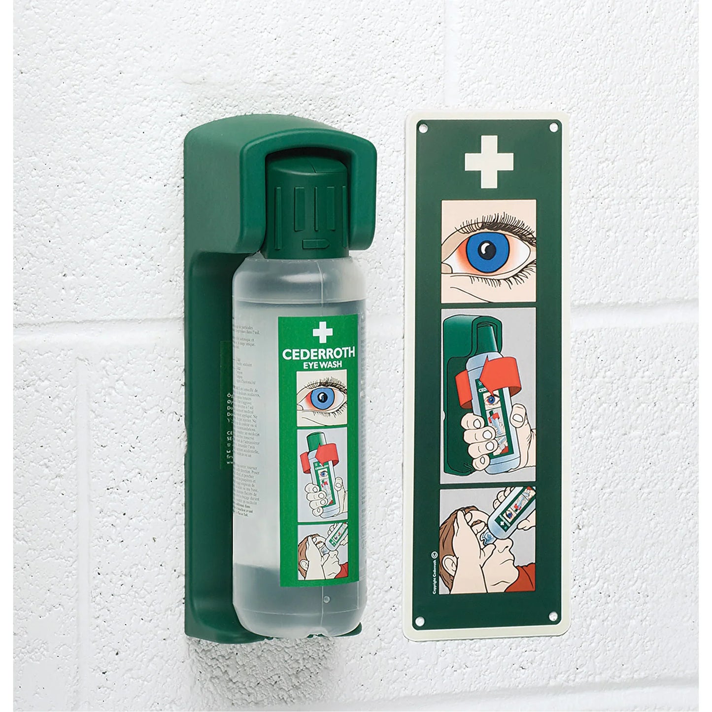 Cederroth eye wash bottle with instructions on a white background