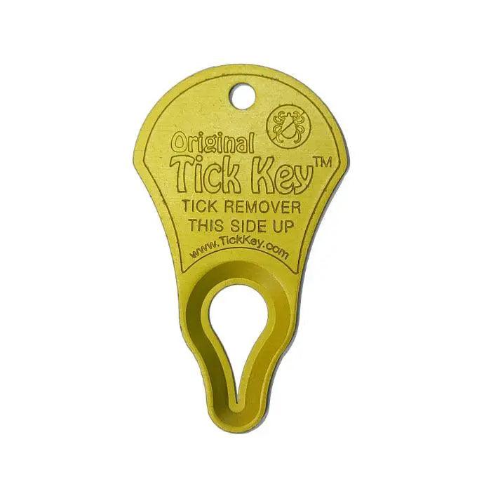 Yellow tick key for easy tick removal, featuring a clear "Tick Key" label on a white backdrop.