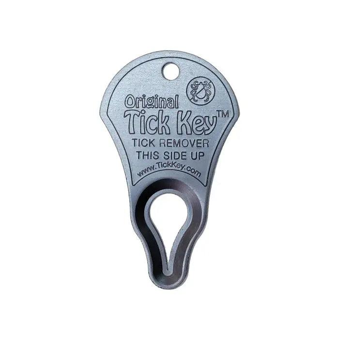 Pewter tick key for easy tick removal, featuring a clear "Tick Key" label on a white backdrop.