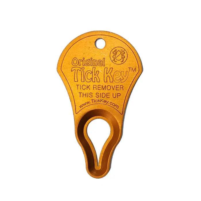 Orange tick key for easy tick removal, featuring a clear "Tick Key" label on a white backdrop.