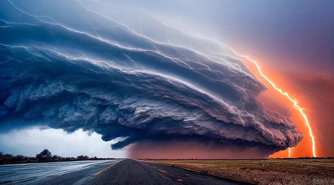 A distant view of a massive storm brewing on the horizon.