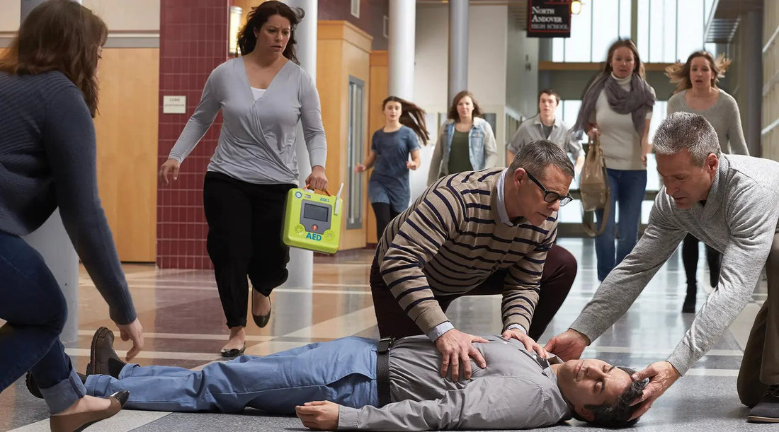 A man is down on the floor, as concerned people rush to provide help during an emergency with an AED..