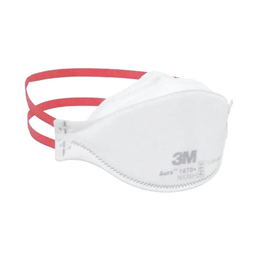 White face mask with red straps on a white background, featuring the 3M logo.