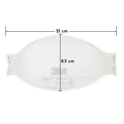 White N95 mask with dimensions labeled on a white background