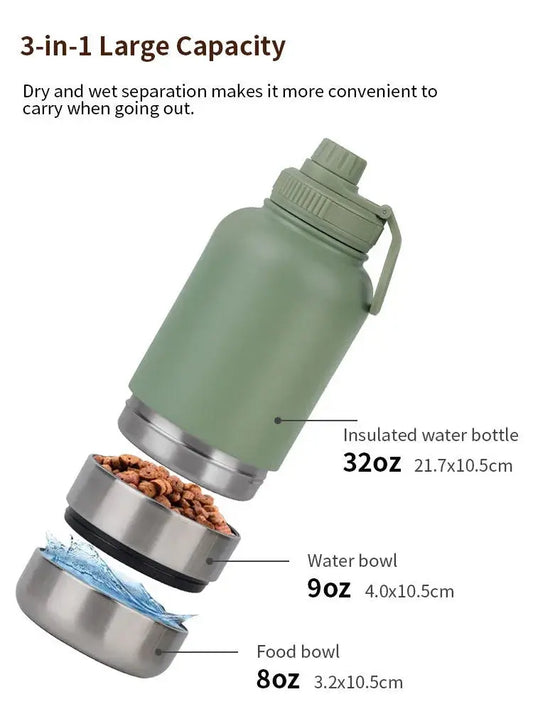 Travel Pet Water & Food Bottle, 3-in-1 Stainless Steel Portable Pet Feeder, 32 OZ First Aid Plus