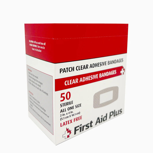 A pack containing 50 clear patch adhesive bandages for first aid, showcasing different styles for treating minor cuts and scrapes.