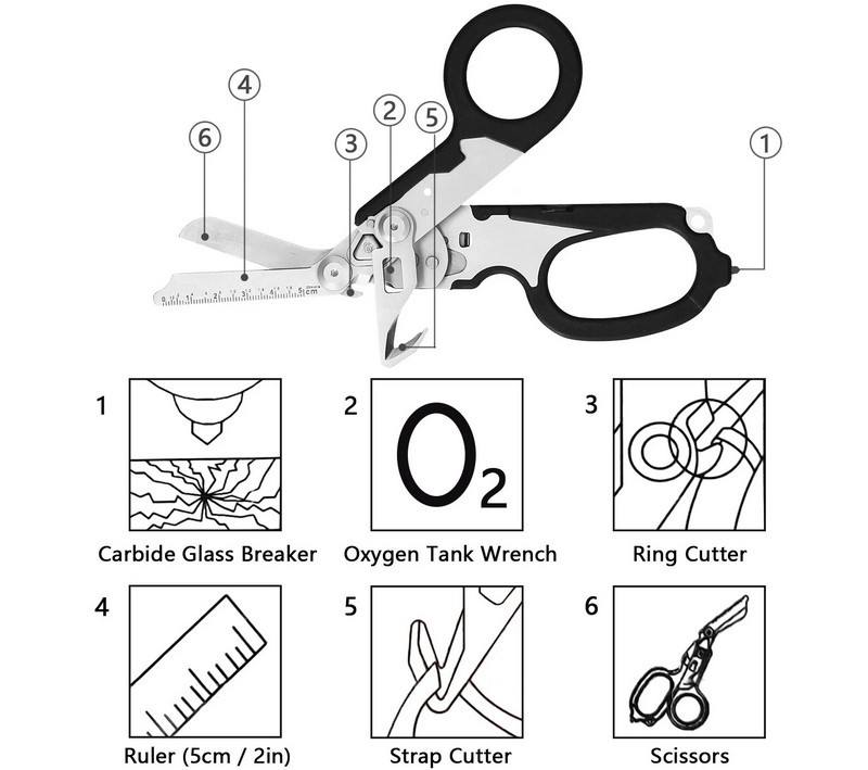 6-in-1 Foldable Trauma Shears Multi-Tool with Sheath & Belt Clip