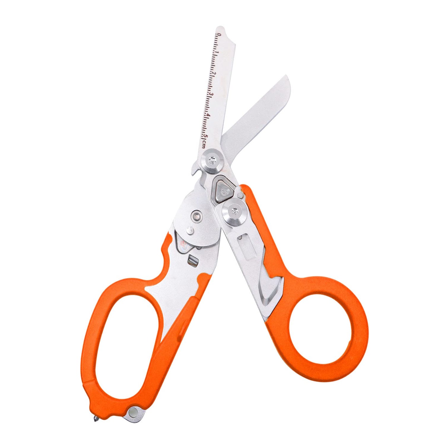 6-in-1 Foldable Multifunctional Trauma Shears Tool with orange handles on a white background