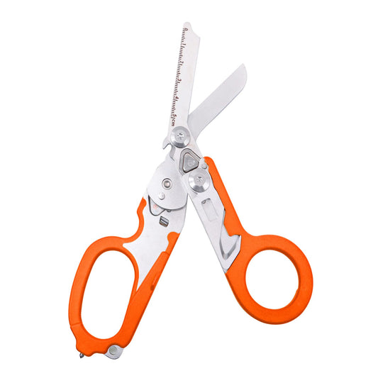 6-in-1 Foldable Multifunctional Trauma Shears Tool with orange handles on a white background